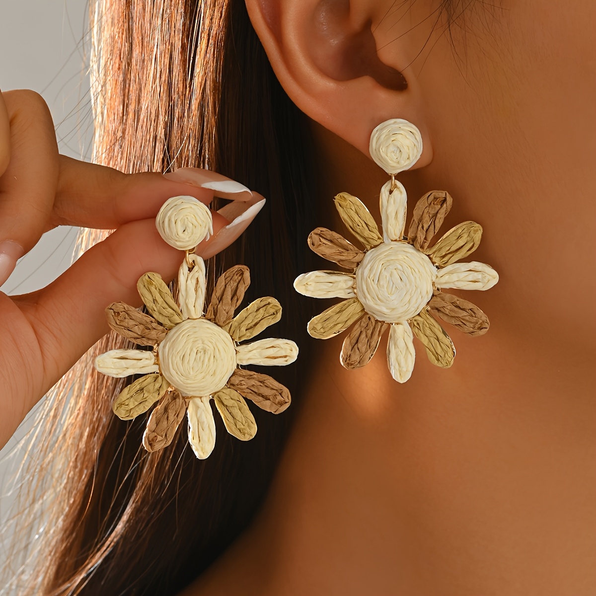 Women's Handwoven Raffia Straw Sun Flower Earrings